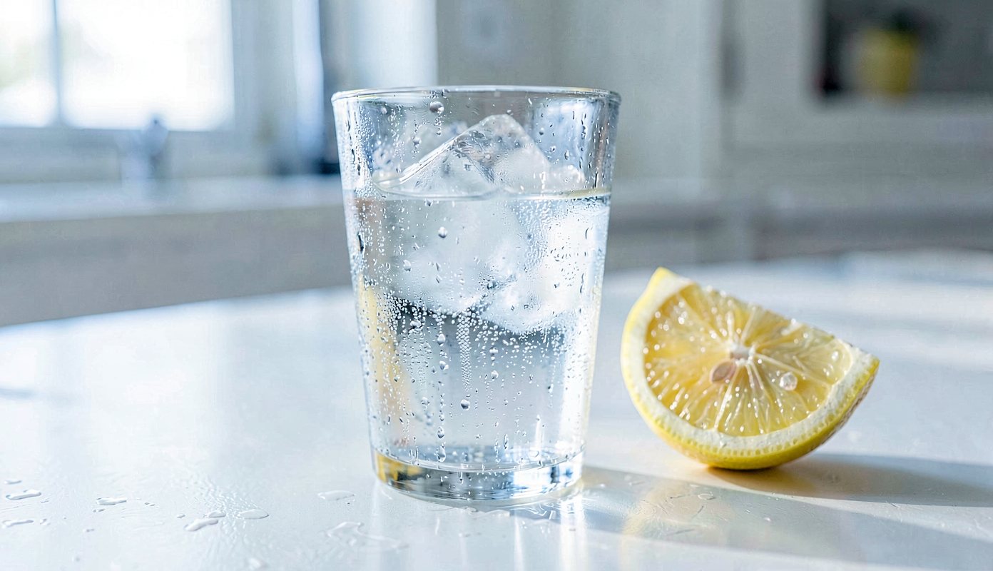Стакан ледяной воды на светлом столе